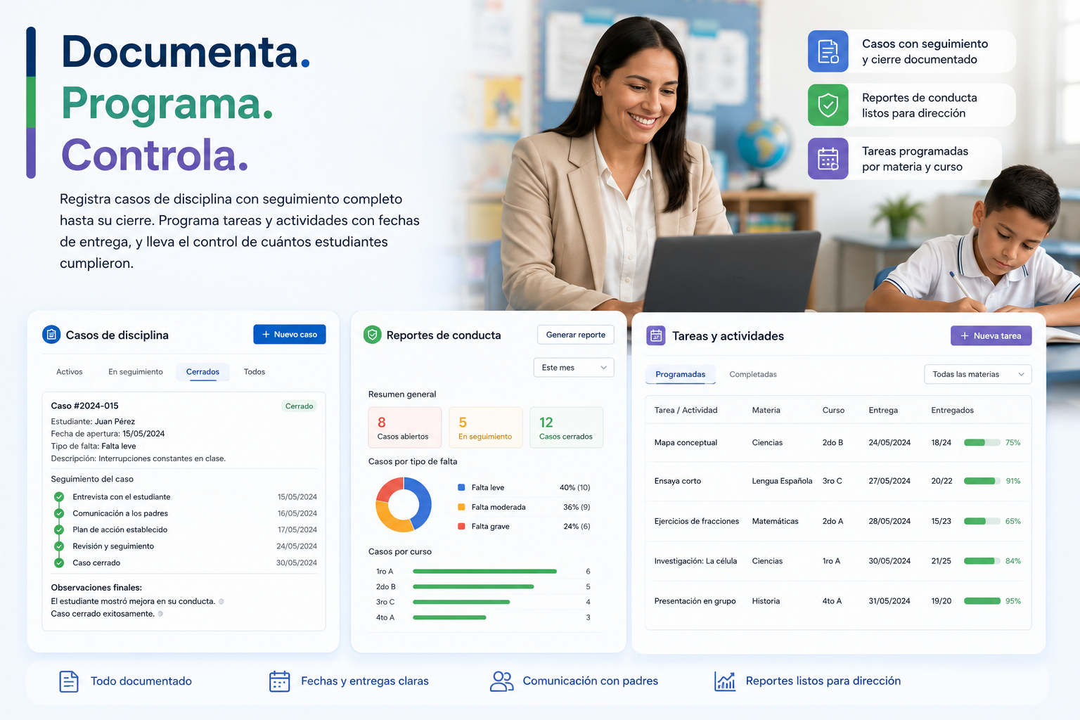 Docente registrando incidencias y dando seguimiento a estudiantes en Escuela360